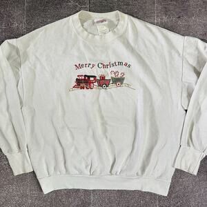 Mens Vintage 90s Holiday Time Merry Christmas Ugly Sweater White Sweatshirt Sz L